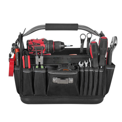 Tool Bag, 13 Inch, 33-Pocket Open Top Tool Tote, Portable Electrical Maintenance Toolbox Organizer Storage with Hard Plastic Base, Adjustable Shoulder Strap