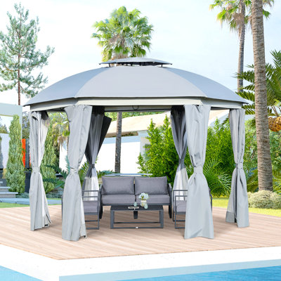 Pavillon de jardin 12 'X avec double toit, structure en acier, gris, parois latérales et rideaux en filet pour la détente dans le jardin, abri de jardin rond pour l'extérieur