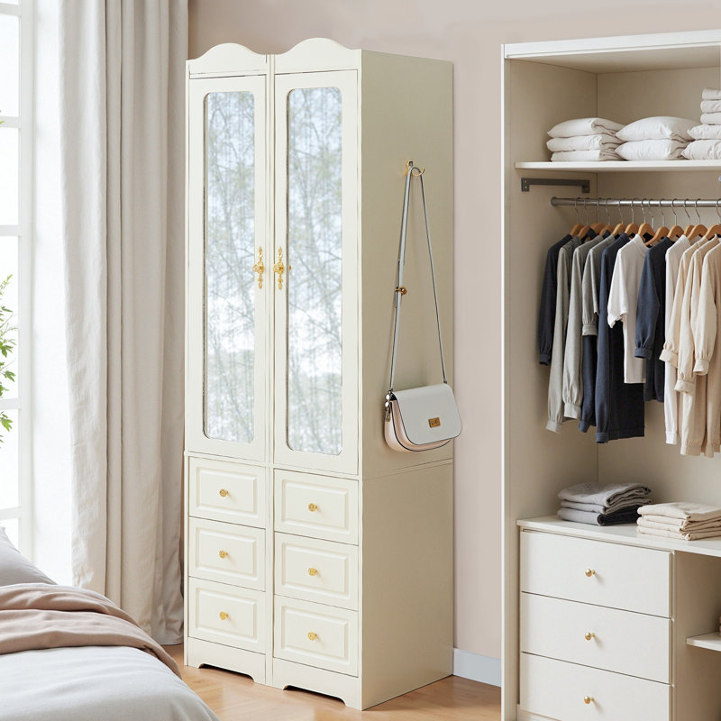 Armoire penderie Armoire avec 6 tiroirs et 2 miroirs et avec tringle et lumières à capteur, Blanc