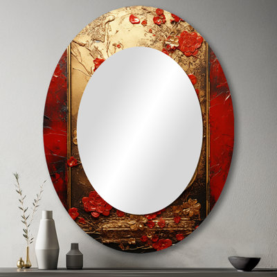 God and Red Floral Japanese Tiles III - Miroir mural ovale doré