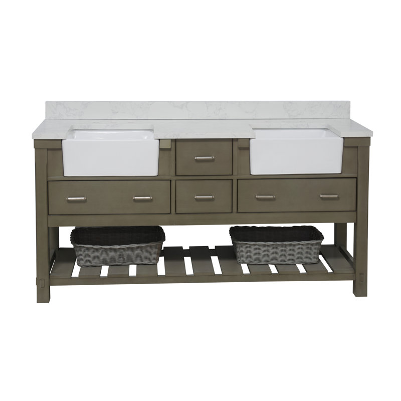 Hitton 72'' Double Bathroom Vanity with Top, Weathered Gray, Engineered Carrara