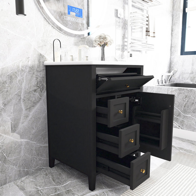 Meuble-lavabo 24 po avec évier - panneau de fibres à densité moyenne et bois d'hévéa, 3 tiroirs, armoire avec tablettes réglables
