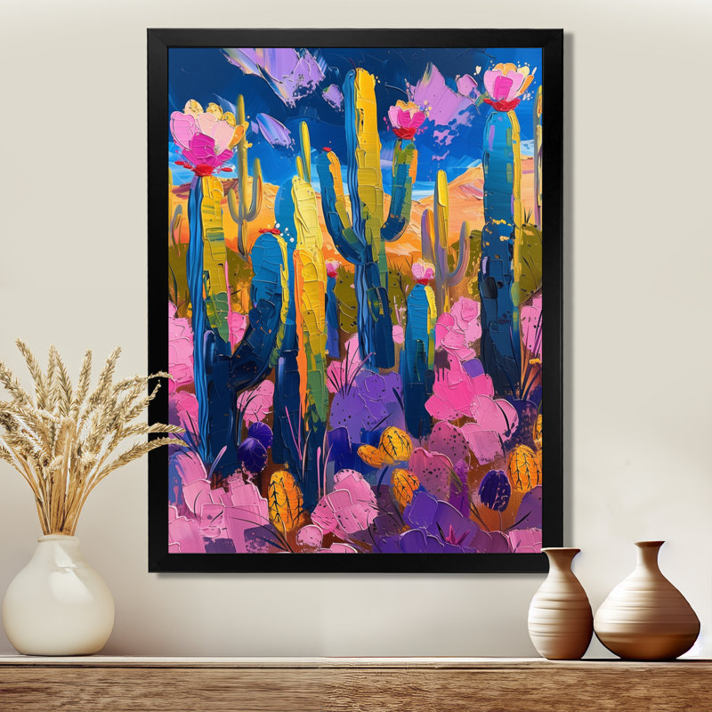 Cactus mauve et bleu, coucher de soleil Vibes III - Cactus floral, Toile encadrée noire simple, H 44 po x l 34 po x P 1,5 po