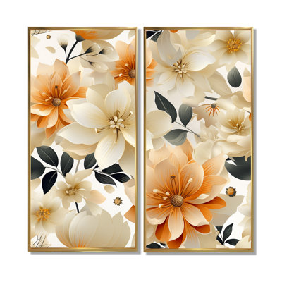 Fusion florale géométrique orange et beige - chalet rose, décoration murale traditionnelle 2 pièces
