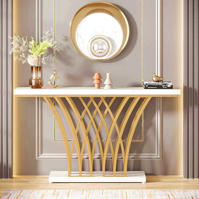 59" Console Table, Modern Faux Marble Entryway Table With Grid Metal Base, Narrow Accent Sofa Table