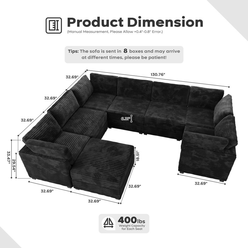 Corduroy Section Sofa Combination, 7 Seats, With Ottoman, Can Be Combined At Will