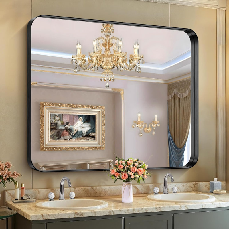 Black Bathroom Mirror, 40"X48" Rectangular Mirror With Deep Metal Frame, Rounded Corner, Tempered Glass, Large Mirror For Wall, Over 2 Sinks, Installed Vertically/Horizontally, Crystal-Clear