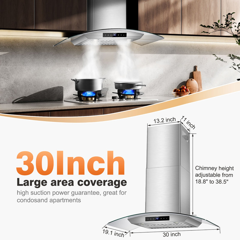 Range Hood 900cfm, 4-speed Smartis Wall Mount Range Hood With Touch Sensor, Dual Led Lights, Baffle Filters Ducted, 30"