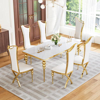 70" Rectangular Dining Table Set With Modern Luxury Gold Stainless Steel Gourd Legs Withtempered Glass Tabletop, Streamlined PU Leather Chairs With Go