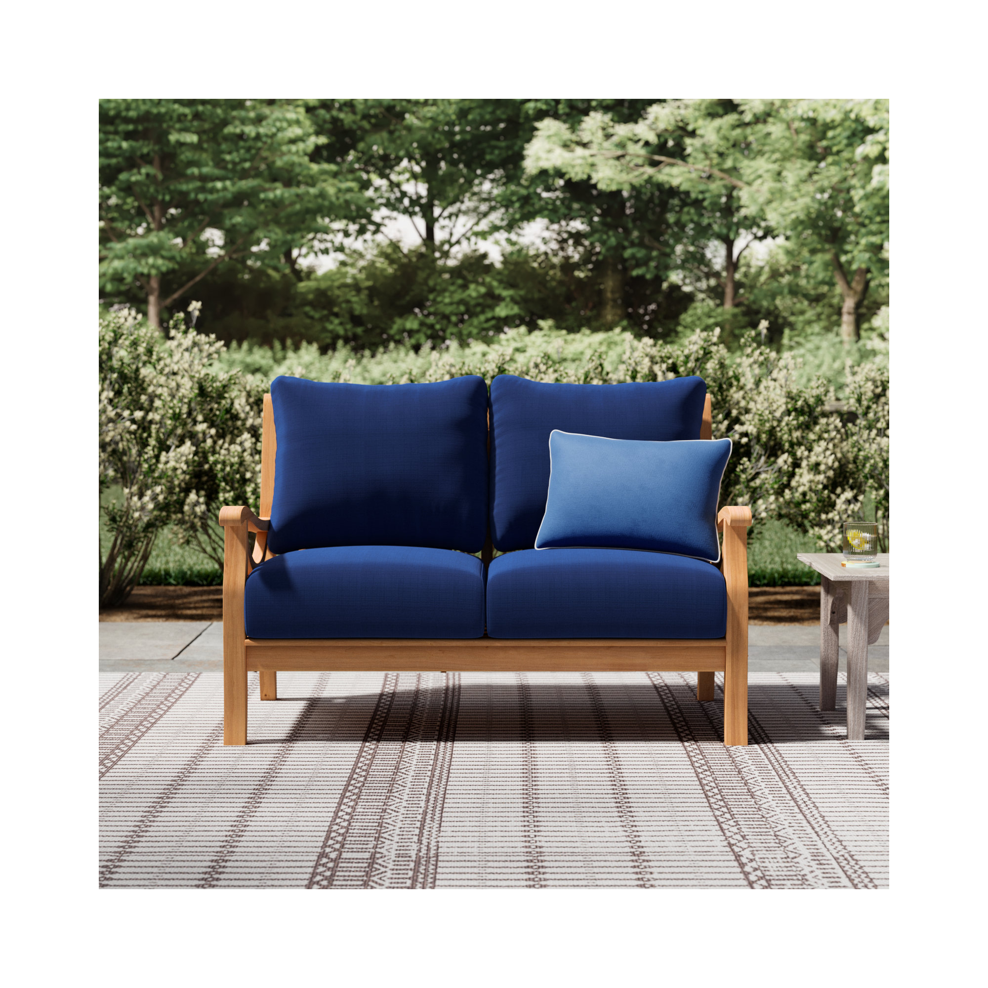 Brunswick 52'' Wide Rectangle Teak Loveseat with Cushions, Navy Performance, Natural