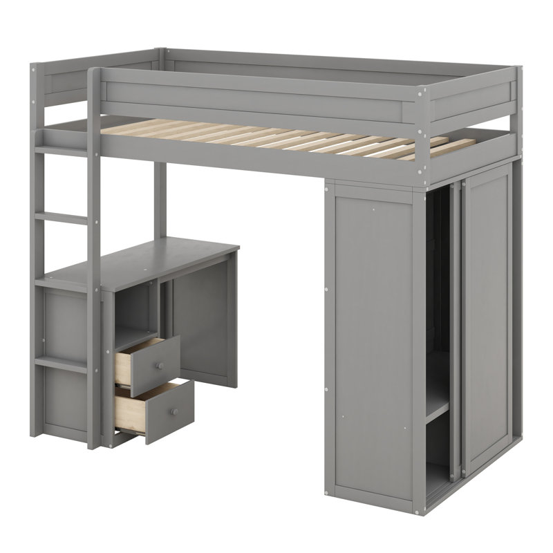 Lit mezzanine avec tiroirs Jaslena Kids, Lit simple, Gris