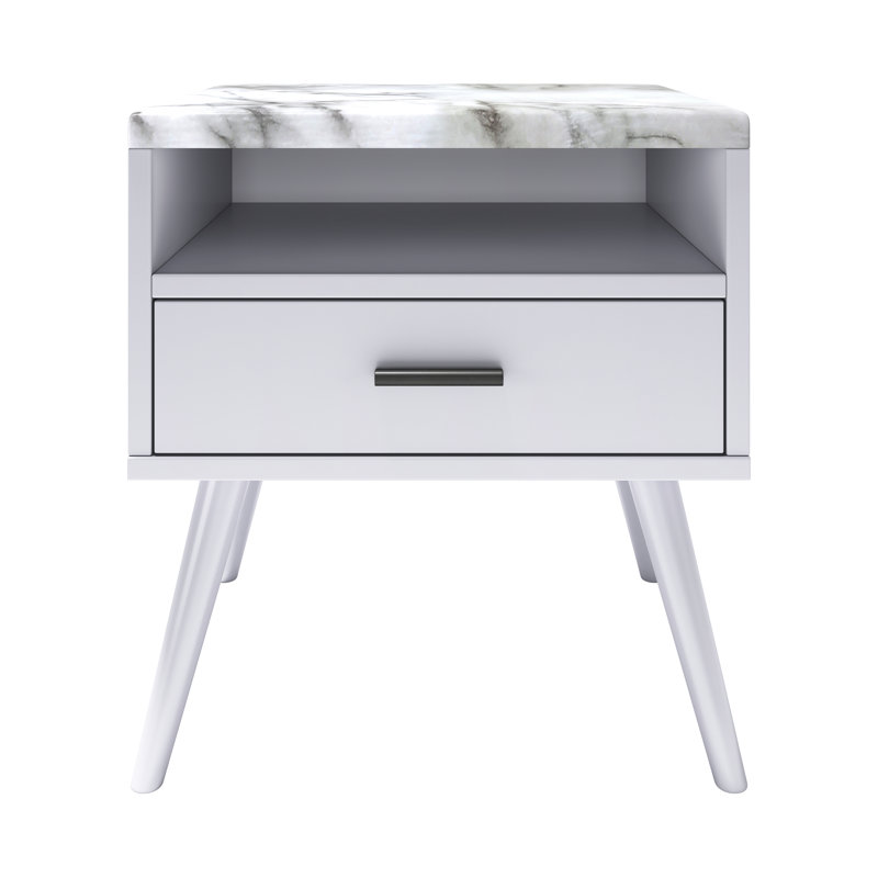 Marcello Mid Century Faux Marble Top Low-Profile Nightstand, White