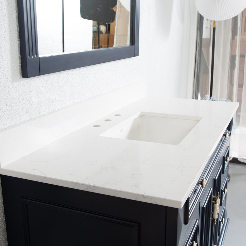 Elmmanual 35'' H X 48" W Solid Wood Bath Vanity with Stain-resistant Carrera White Quartz Top and Single Sink, Navy Blue