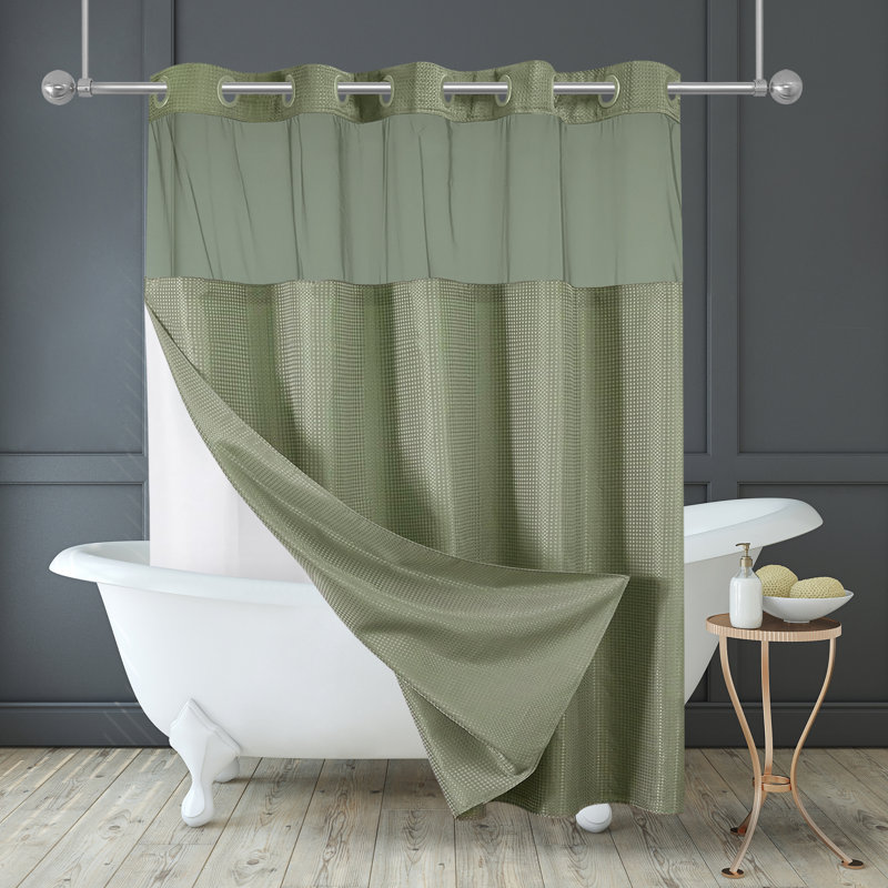  Rideau de douche 72x75 à motif gaufré sans crochet - Long rideau de douche résistant à l'eau avec panneau transparent, doublure à encliqueter et œillets