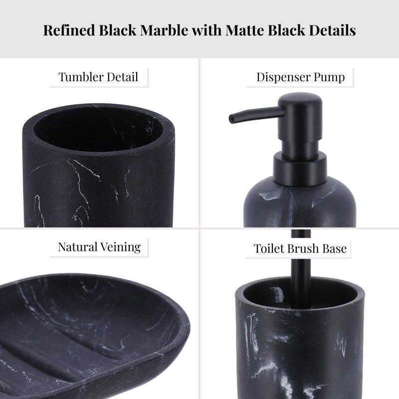 Ensemble d'accessoires de salle de bain en marbre 4 pièces, Noir