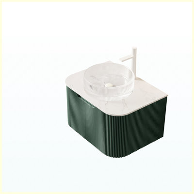 Meuble-lavabo flottant 24 po avec lavabo, armoire de rangement en contreplaqué rayé à bords arrondis avec tiroir, lavabo rond en cristal transparent et plateau en pierre frittée, pré-assemblé, vert foncé