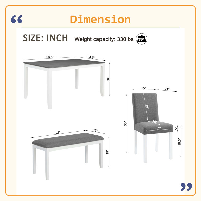 Ensemble de table de salle à manger 6 pièces avec banc et chaises Sturdy Structure