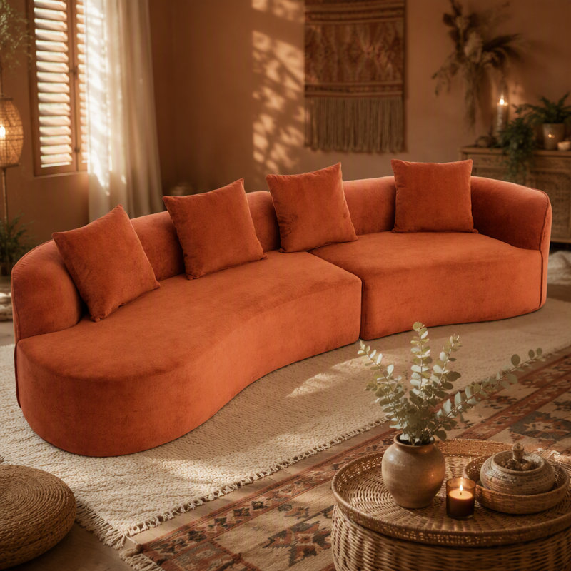 Canapé modulaire courbé de 126 po, Tissu orange foncé, Orange foncé