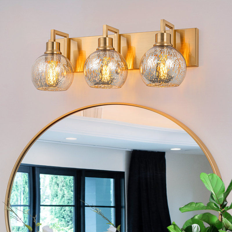 3-Light Mercury Glass Vanity Light - Reversible Mount, Brass & Matte Black Finish, 20.5'' Wide Bathroom Fixture