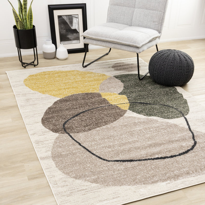 Traeton Beige Yellow Green Geometric Stones Rug, Rectangle 5'3" x 7'7"