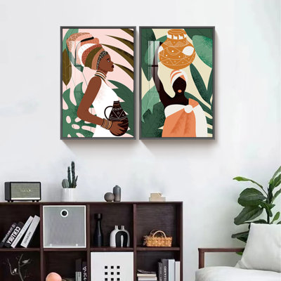 "Boho", art mural sur toile 2 pièces, femme noire avec impression d'art moderne terre cuite