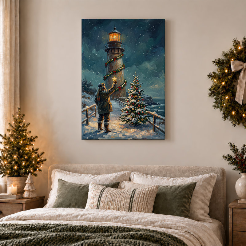 Glowing Lighthouse And Tree In Snow Christmas Canvas Wall Art, H 30 po x l 20 po