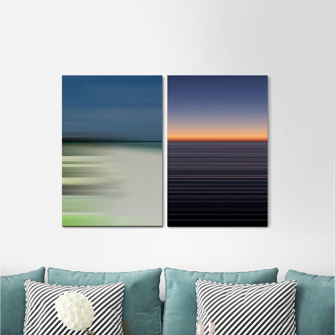 2-tlg. Leinwandbilder-Set - Grafikdruck „Horizon Evening Glow Minimal Beach Sunset Sky Office”