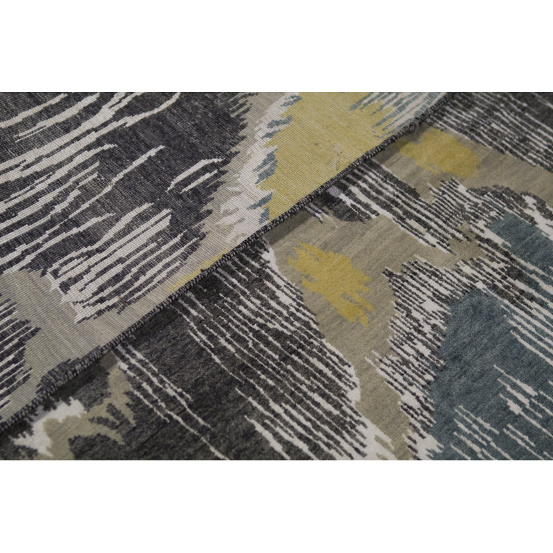 Wool Damask Area Rug in Dark Gray/Yellow