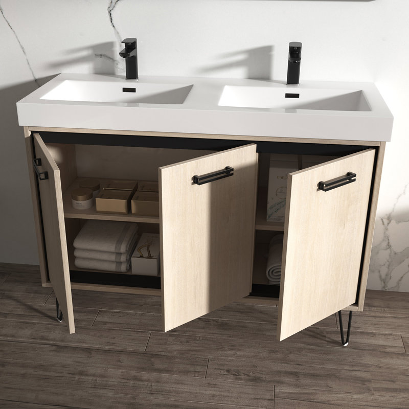 Meuble-lavabo double 48 po avec plateau en résine Lunea, Tanné