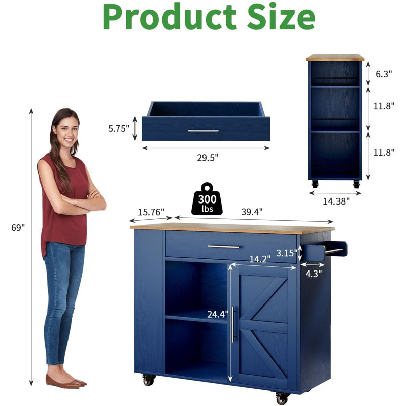 Island Table for Kitchen,Rolling Microwave Cart with Storage , Blue