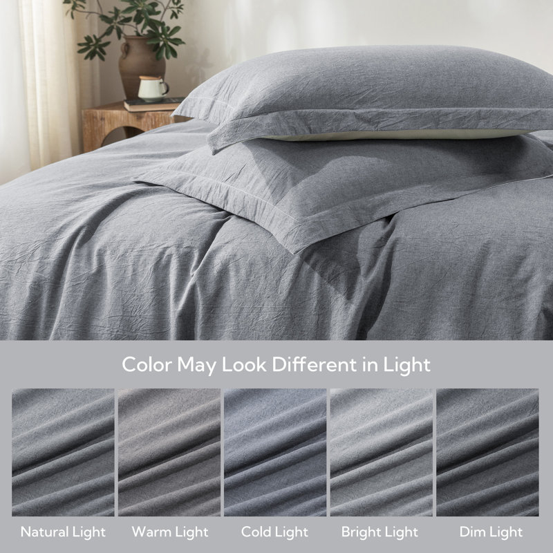 Solayne 100% Washed Cotton Duvet Cover Set with Faux Hemp Texture, Solid Color, Zipper Closure and Corner Ties, Light Gray