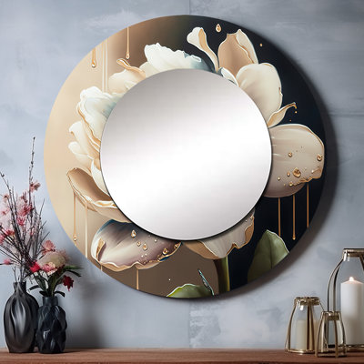 Olatunji crème blanc fleuri - miroir mural floral unique, grand miroir rond blanc, impression d'art en métal