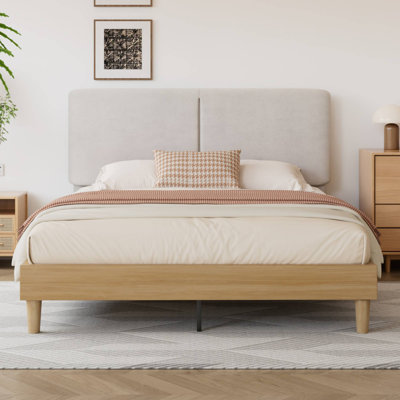 Bennett Bed with Wooden Frame Queen Size Platform Bed Frame Upholstered Headboard, No Box Spring Needed, Wooden Slat Support Beige Bed