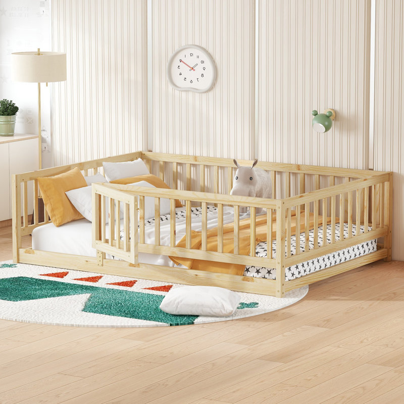 Twin Size Floor Wood Bed, 7 Slats, Full, Oak