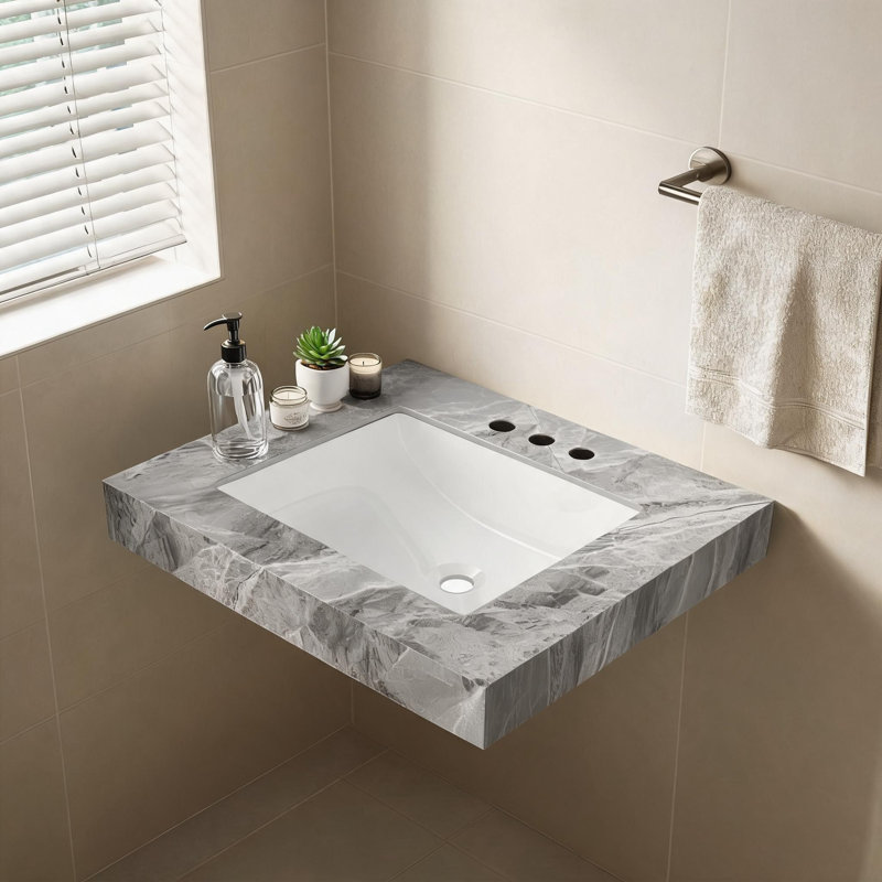 Comptoir en pierre frittée gris clair de 24 pouces et lavabo en céramique encastré avec trois trous prépercés pour robinetterie standard