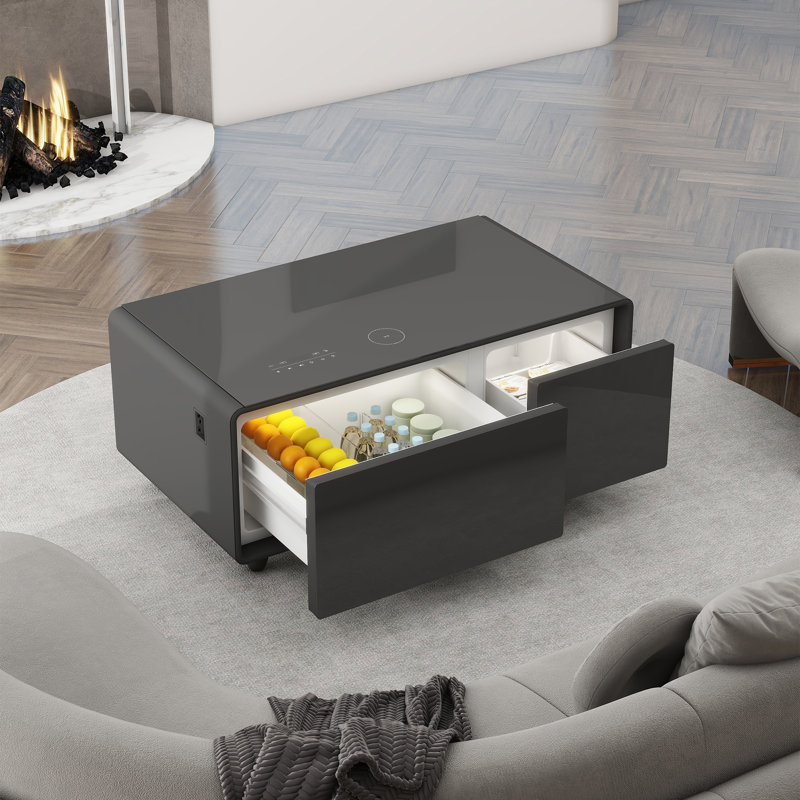 Smart Coffee Table With Built-In Fridge And Freezer Drawers, Bluetooth Speaker, Wireless Charging, Touch Control Panel, USB Interface, Outlet Protection, Atmosphere Light