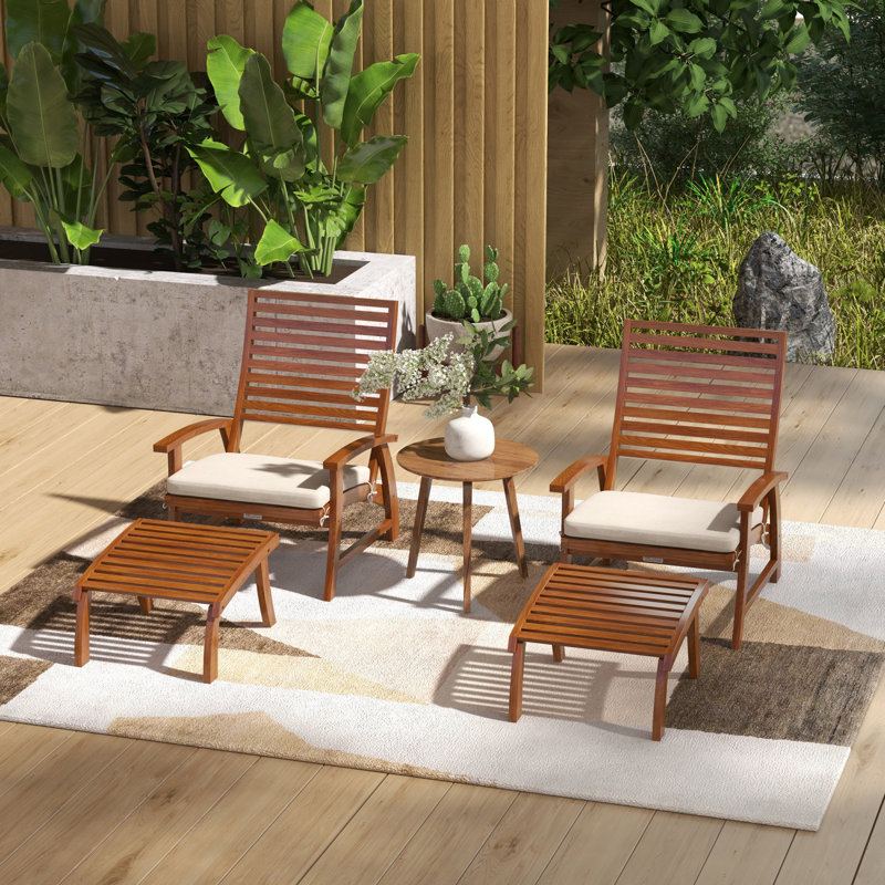 Outsunny 4 Pieces Patio Chairs With Cushion, Outdoor Dining Chairs Set Of 4, Acacia Wood Seat With Footstools, Slatted Seat & Backrest, Armrests, Cream White