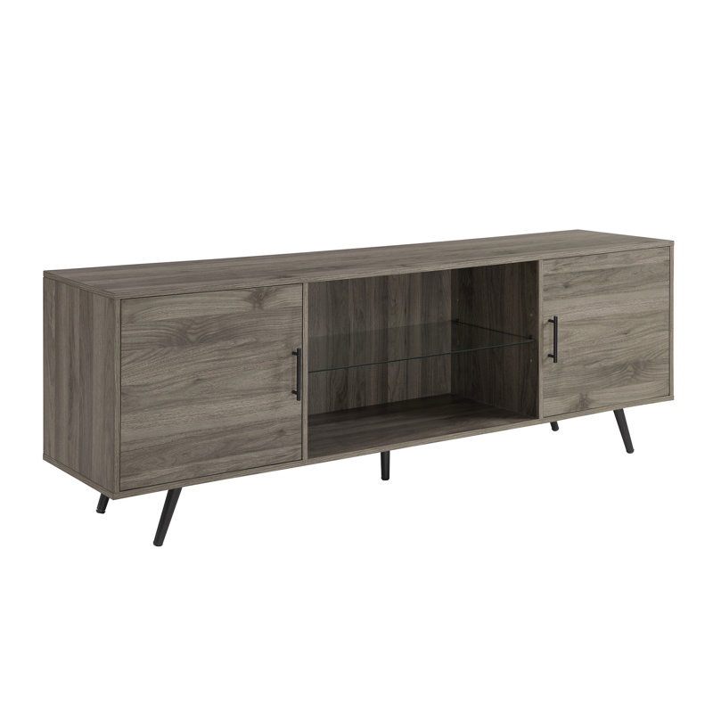 Meuble télé 70 po avec porte en verre Mid-Century 2 portes pour téléviseur 80 po - Gris ardoise