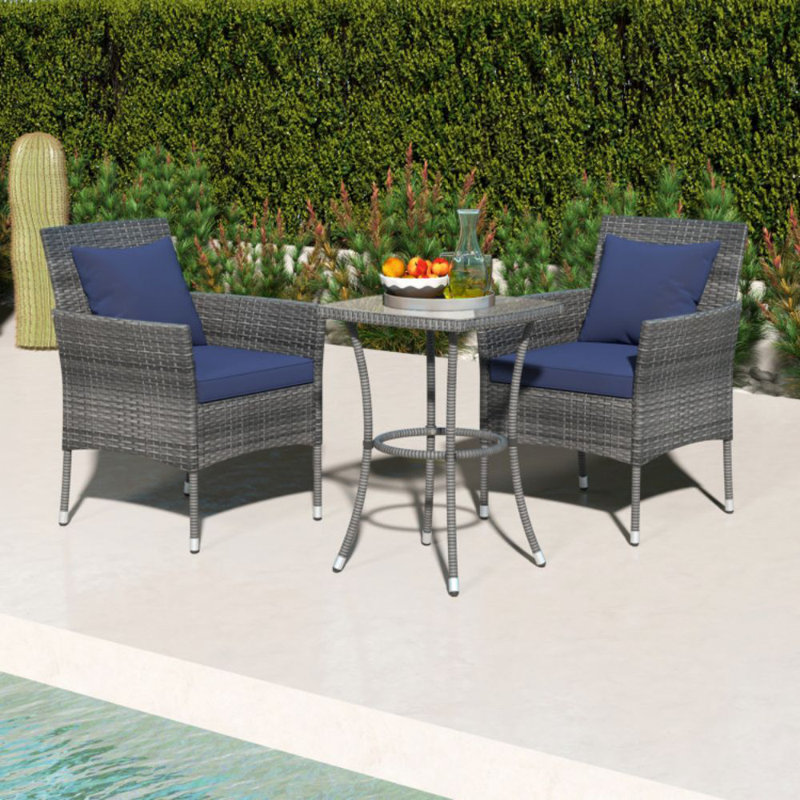 Ebern Designs 3 Pcs Patio Furniture Set With Cushioned Patio Chairs & Tempered Glass Coffee Table Grey, Navy