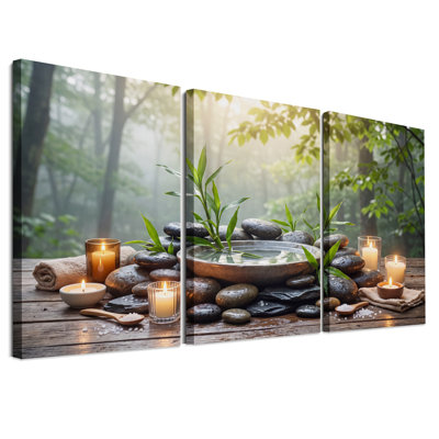 Pierres, bambou et bougies allumées dans la forêt, ensemble de 3 toiles