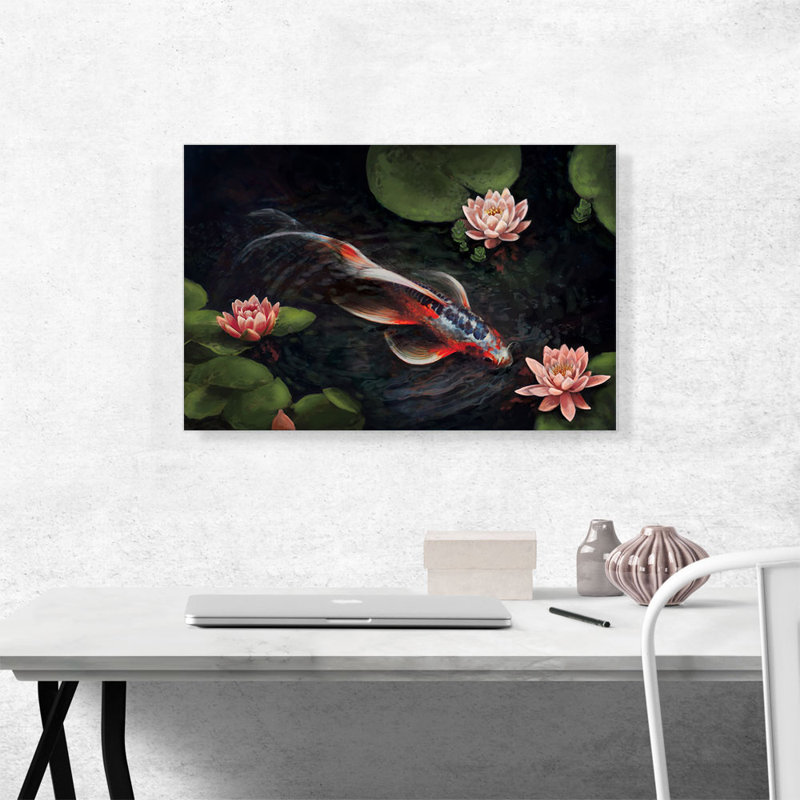 «Red Koi Carp Fish Lotus Flower Pond Leaves», reproduction d'art sur toile tendue, H 18 po x l 26 po x P 1,5 po
