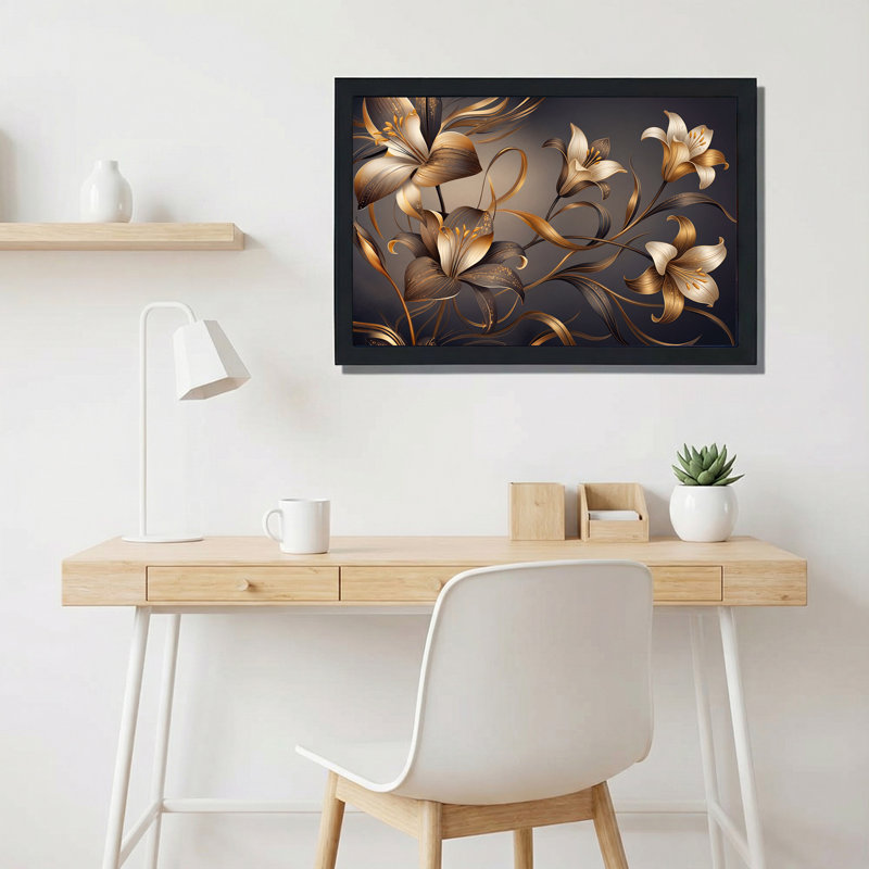 Art sur toile, lys bronze doré avec tiges fluides sur fond sombre, 16"H x 24"W