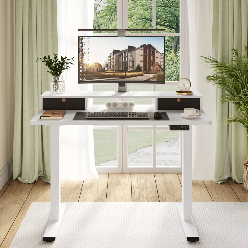Lysandre Home Office Height Adjustable Standing Desk with 2 Drawers, 48.6" H x 47.3" W x 23.6" D, White