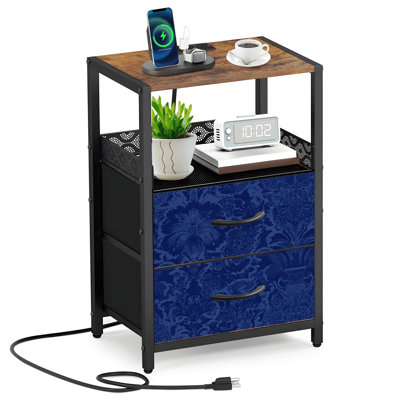 Table de chevet 2 tiroirs en tissu avec station de charge et table de chevet à motif floral damassé bleu marine