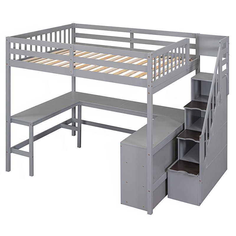 Lit mezzanine double avec bureau intégré en forme de L et tablettes de rangement à trois niveaux, Gris