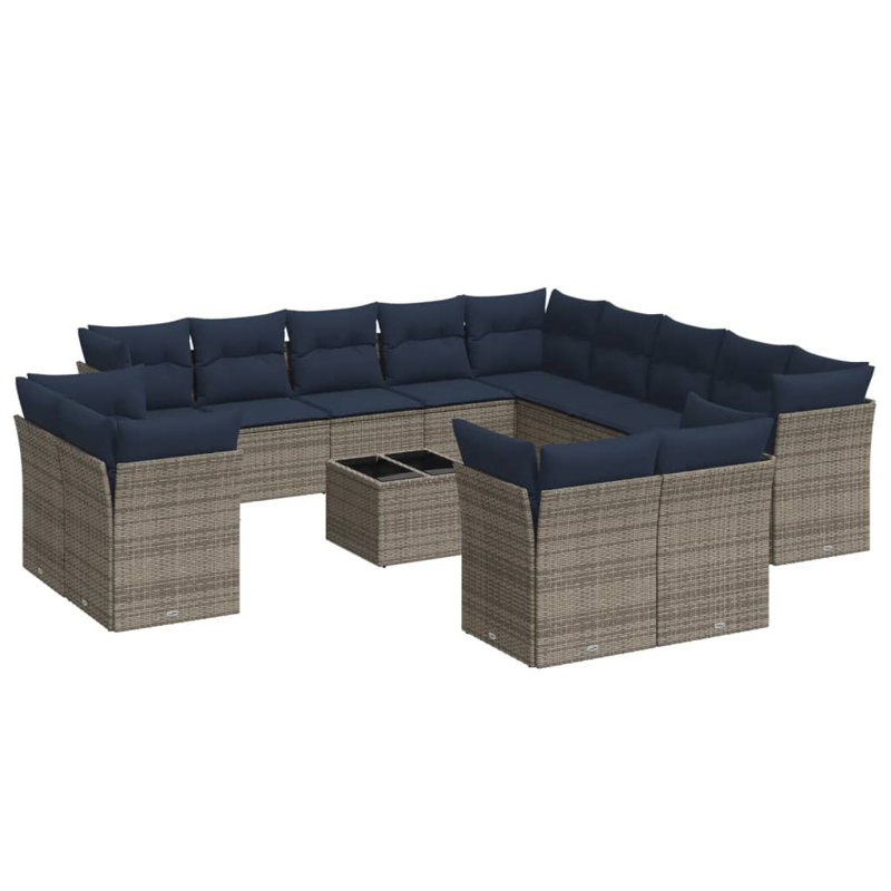 Ensemble de canapé de patio 14 pièces avec coussins en rotin de polyester, Gris, Marine