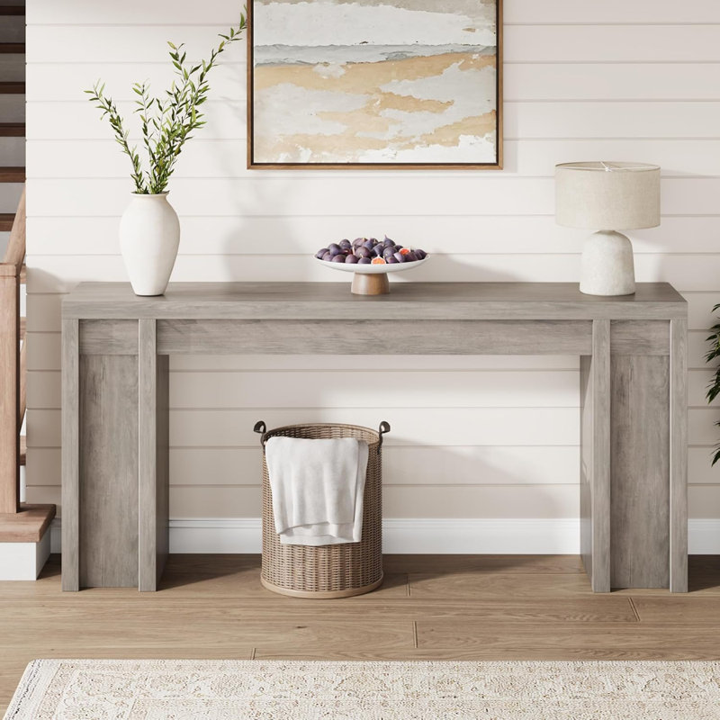  Farmhouse Gray 70.9'' Extra-Long Wooden Console Table – 2 Drawers, 2-Tier Open Storage, Sturdy Mark-Resistant Entryway or Sofa Table for Living Room, Hallway, or Foyer – Gray Color