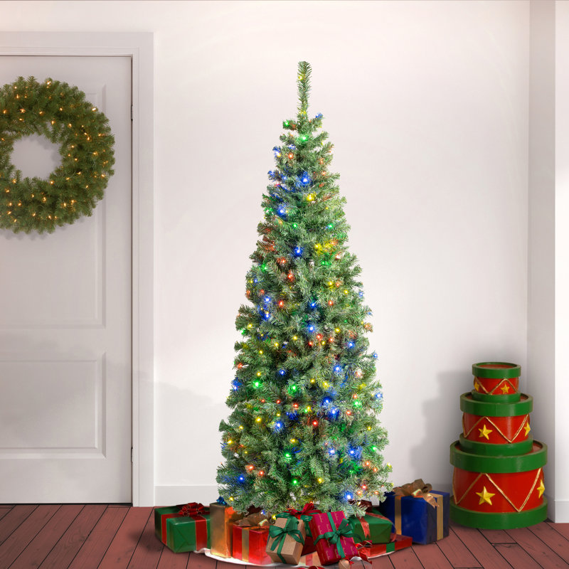 6ft Pre-lit Artificial Sycamore Slim Hinged Christmas Tree, 400 LED Multi LED Lights
