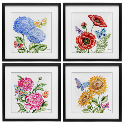 «Brushstroke Florals & Butterflies», ensemble de 4 impressions encadrées sous verre, design par Paul Brent