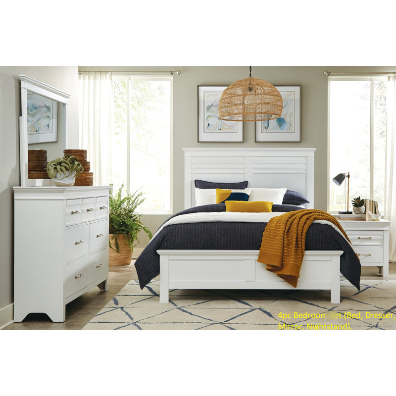 Transitional Style Bedroom Queen Bed - White Wood With & Headboard Finish Wooden Panel For, White